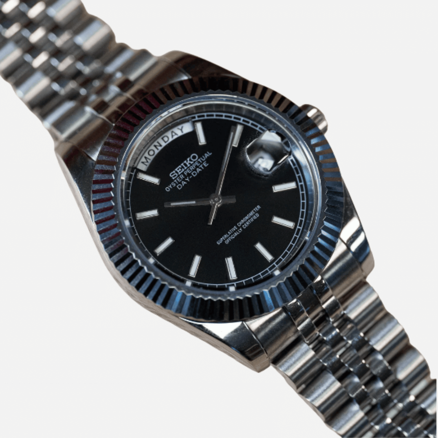 Seiko Mod Day Date Black and Silver 36/40mm | Miyota 8285 Automatic