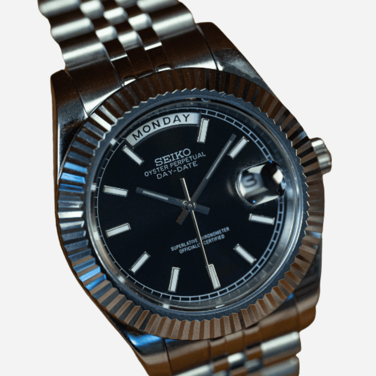 Seiko Mod Day Date Black and Silver 36/40mm | Miyota 8285 Automatic