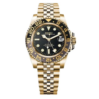 Montre Seiko Mod GMT Bruce Wayne cadran noir avec boîtier or noir – mouvement automatique NH34