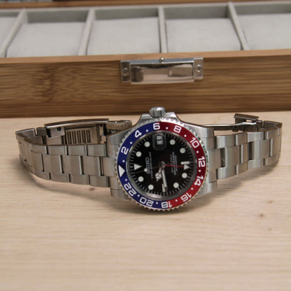 Montre Seiko Mod GMT Pepsi avec bracelet - mouvement automatique visible NH34.