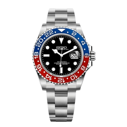 Montre Seiko Mod GMT Pepsi – Cadran noir avec lunette céramique bleue et rouge – Mouvement automatique NH34