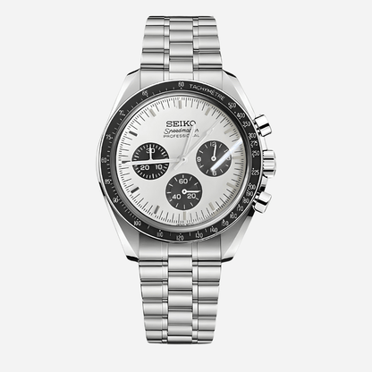 Montre Seiko Mod Speedmaster Moonwatch "Panda" Noir et Blanc 41mm avec boîtier en acier inoxydable 316L, mouvement hybride Seiko VK63, verre acrylique bombé et lunette en aluminium
