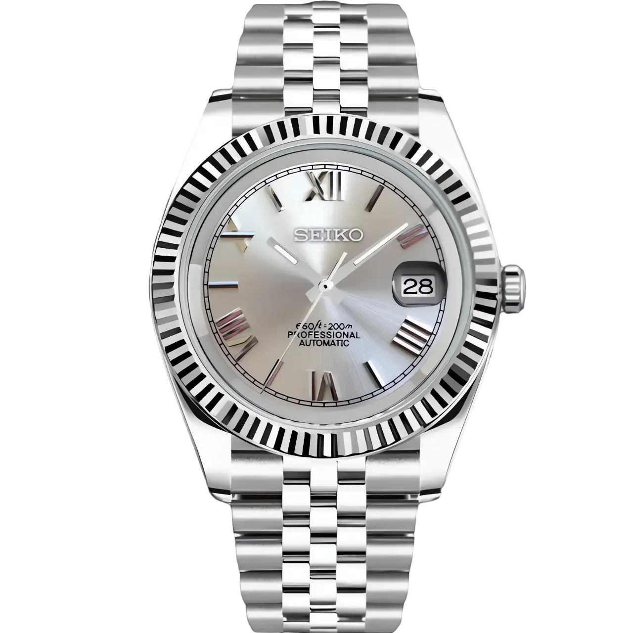 Seiko Mod Datejust Gris 36/40mm avec chiffres romains et mouvement automatique NH35 - Verre saphir, acier inoxydable, bracelet ajustable