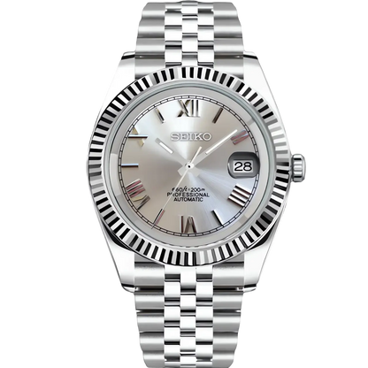 Seiko Mod Datejust Gris 36/40mm avec chiffres romains et mouvement automatique NH35 - Verre saphir, acier inoxydable, bracelet ajustable