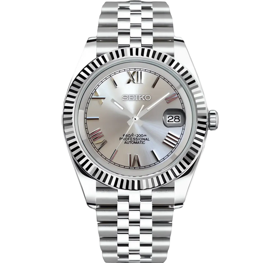 Seiko Mod Datejust Gris 36/40mm avec chiffres romains et mouvement automatique NH35 - Verre saphir, acier inoxydable, bracelet ajustable