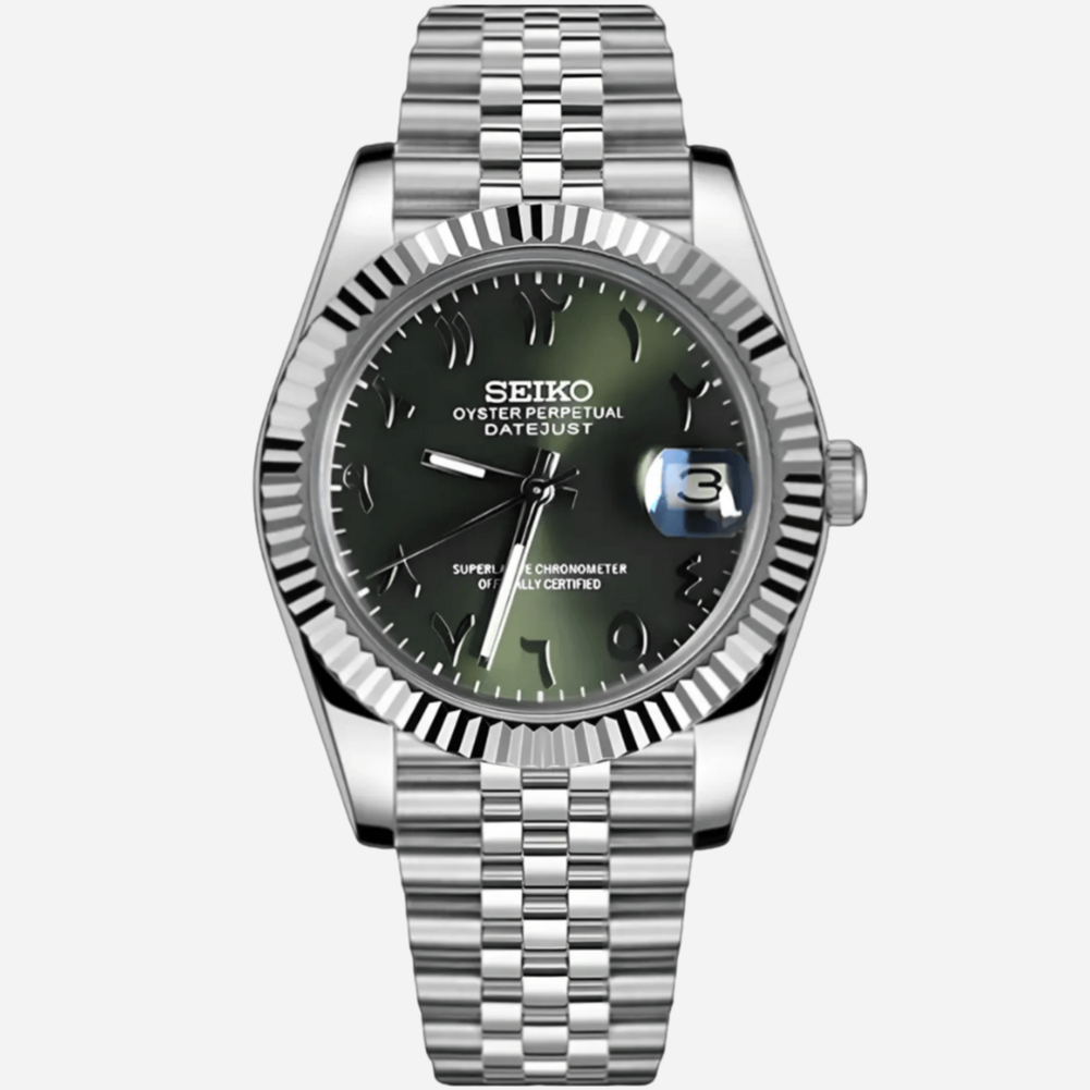 Montre automatique Seiko Mod Datejust Kaki Arabic 36/40mm avec mouvement NH35, verre saphir et cadran chiffres arabes.