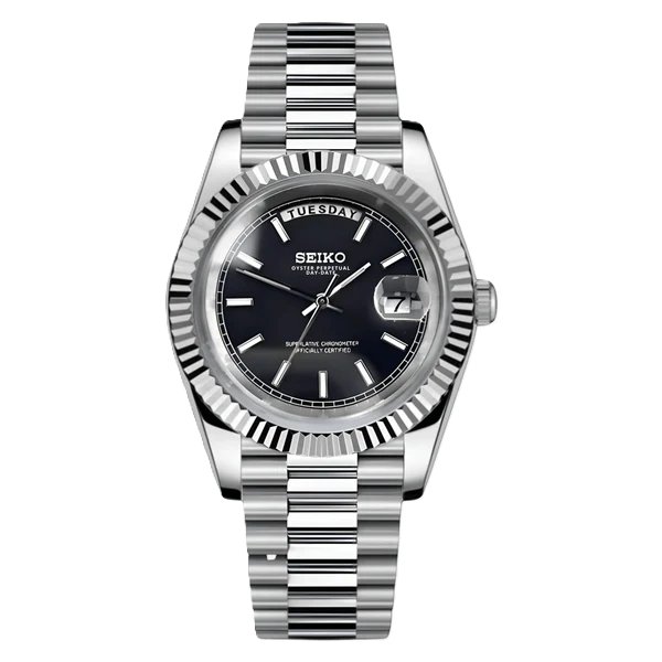 Seiko Mod Day Date Black and Silver 36/40mm | Miyota 8285 Automatic