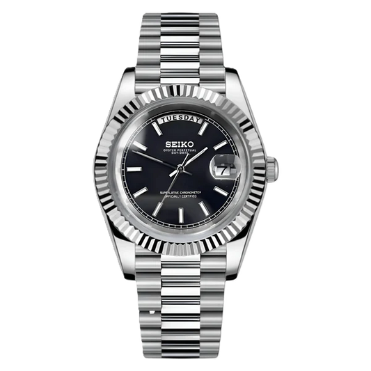 Seiko Mod Day Date Black and Silver 36/40mm | Miyota 8285 Automatic