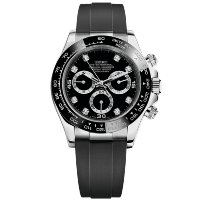 Montre Seiko Mod Daytona VK63 Noir Argent Diamant 40mm avec boîtier acier argenté, cadran noir et index diamantés, bracelet Oysterflex.