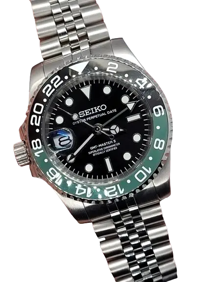 Montre Seiko Mod GMT Sprite Vert Noir 40mm avec boîtier en acier inoxydable, fonction GMT, mouvement automatique NH34 et verre saphir