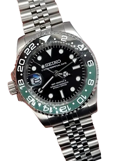 Montre Seiko Mod GMT Sprite Vert Noir 40mm avec boîtier en acier inoxydable, fonction GMT, mouvement automatique NH34 et verre saphir