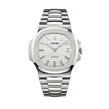 Montre Seiko Mod Nautilus Blanc 40mm avec boîtier en acier inoxydable, cadran blanc, mouvement automatique NH35 et verre saphir