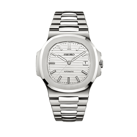 Montre Seiko Mod Nautilus Blanc 40mm avec boîtier en acier inoxydable, cadran blanc, mouvement automatique NH35 et verre saphir