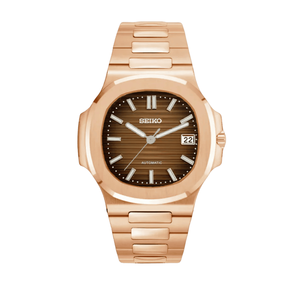 Montre Seiko Mod Nautilus Marron Or Rose 40mm avec boîtier en acier inoxydable, finition or rose, mouvement automatique NH35 et verre saphir