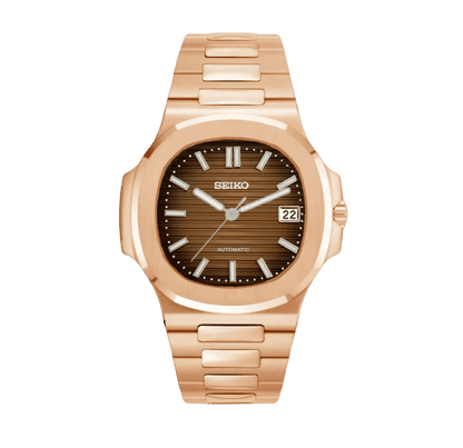 Montre Seiko Mod Nautilus Marron Or Rose 40mm avec boîtier en acier inoxydable, finition or rose, mouvement automatique NH35 et verre saphir