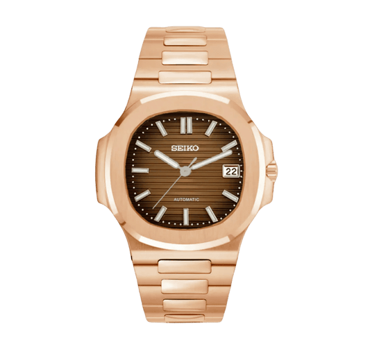 Montre Seiko Mod Nautilus Marron Or Rose 40mm avec boîtier en acier inoxydable, finition or rose, mouvement automatique NH35 et verre saphir