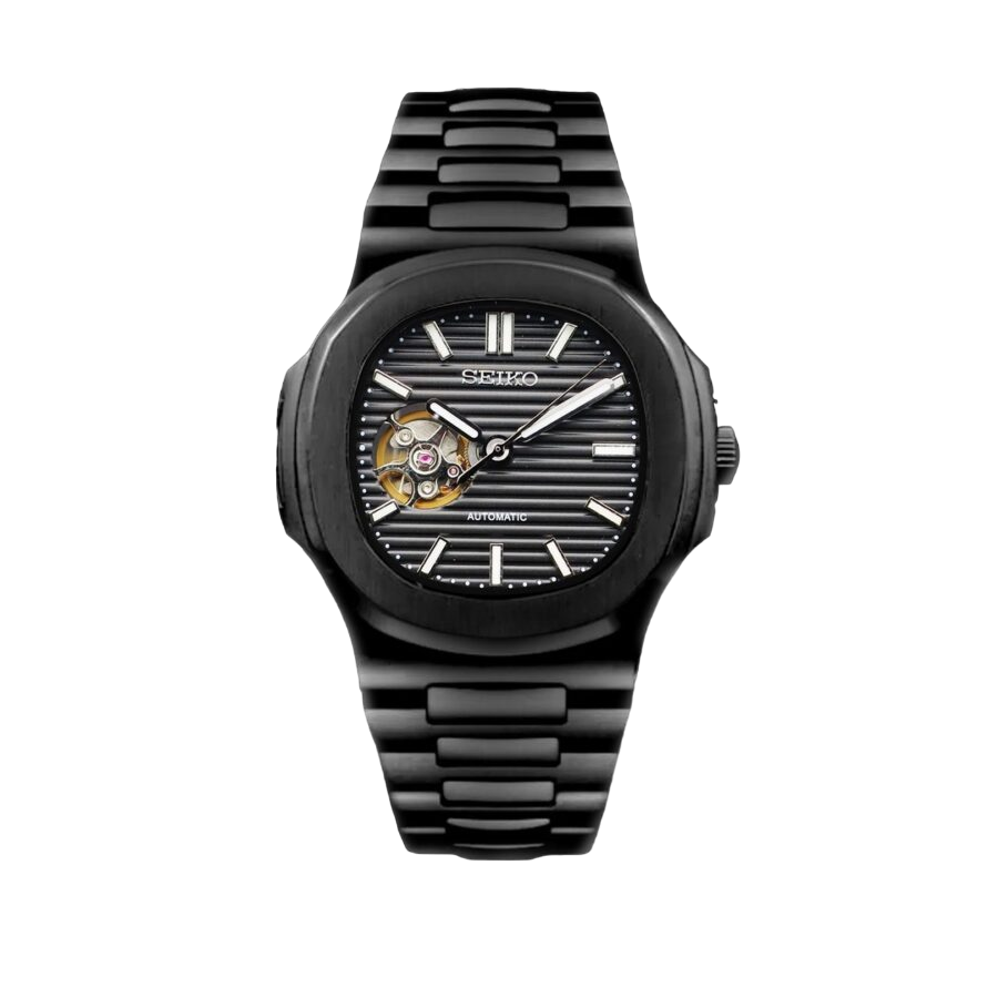 Montre Seiko Mod Nautilus Noir Squelette 40mm avec boîtier en acier inoxydable, design squelette, mouvement automatique NH35 et verre saphir