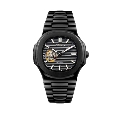 Montre Seiko Mod Nautilus Noir Squelette 40mm avec boîtier en acier inoxydable, design squelette, mouvement automatique NH35 et verre saphir