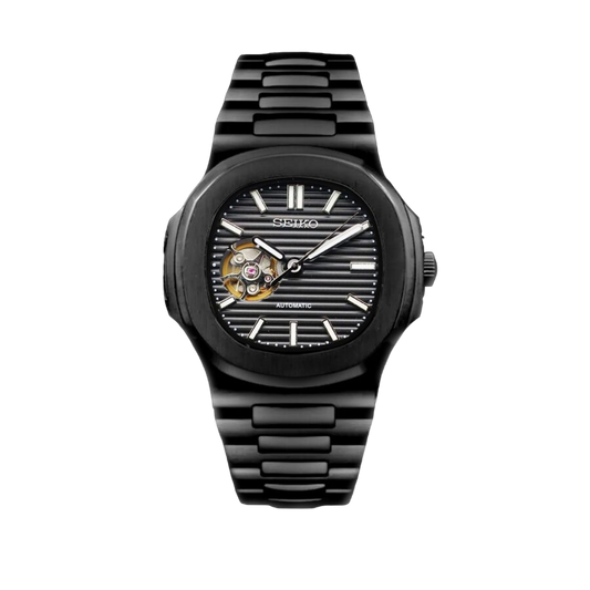 Montre Seiko Mod Nautilus Noir Squelette 40mm avec boîtier en acier inoxydable, design squelette, mouvement automatique NH35 et verre saphir
