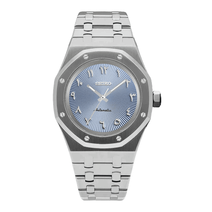 Montre Seiko Mod Royal Oak Arabic Bleu Ciel 41mm avec boîtier octogonal, chiffres arabes, mouvement automatique NH35 et verre saphir