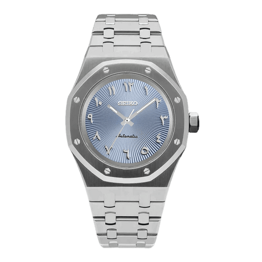Montre Seiko Mod Royal Oak Arabic Bleu Ciel 41mm avec boîtier octogonal, chiffres arabes, mouvement automatique NH35 et verre saphir