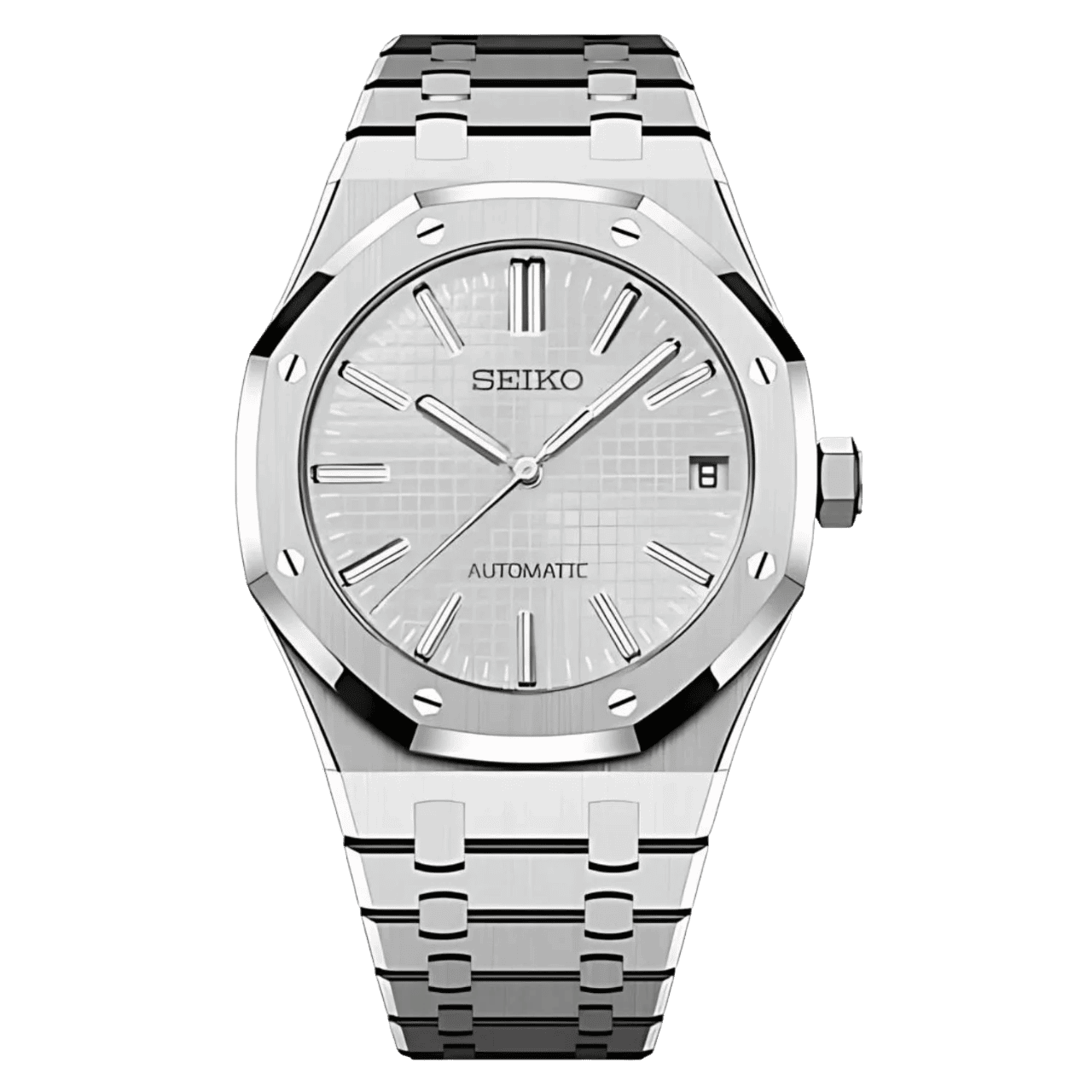 Montre Seiko Mod Royal Oak Blanc 41mm avec boîtier octogonal, mouvement automatique NH35 et verre saphir