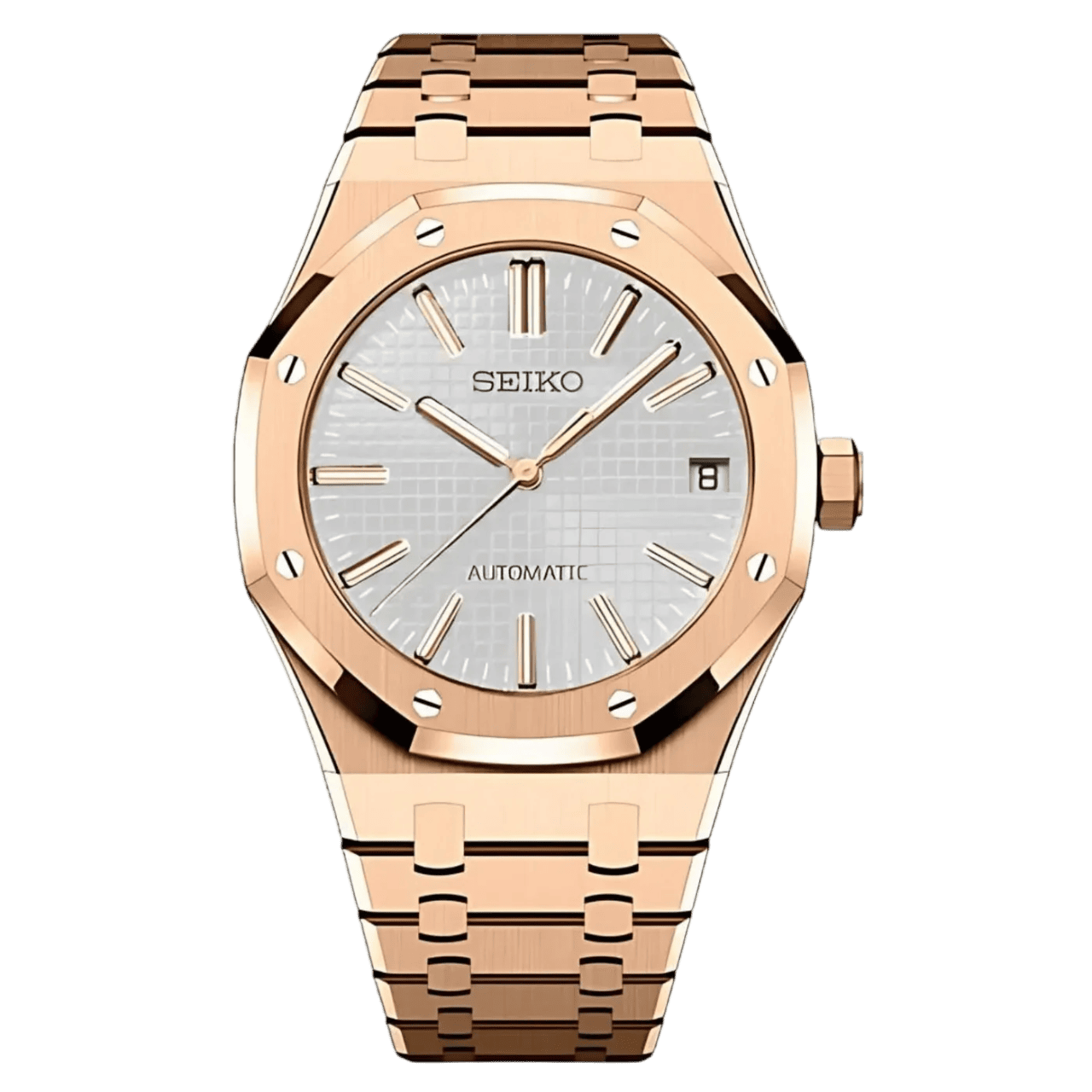 Montre Seiko Mod Royal Oak Blanc Or Rose 41mm avec boîtier octogonal or rose, mouvement automatique NH35 et verre saphir
