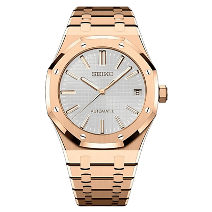 Montre Seiko Mod Royal Oak Blanc Or Rose 41mm avec boîtier octogonal or rose, mouvement automatique NH35 et verre saphir
