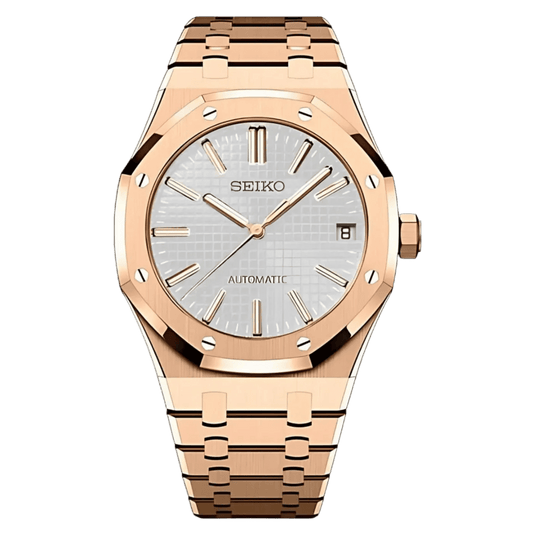 Montre Seiko Mod Royal Oak Blanc Or Rose 41mm avec boîtier octogonal or rose, mouvement automatique NH35 et verre saphir
