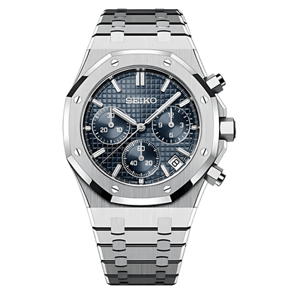 Montre Seiko Mod Royal Oak Chronos Bleu 41mm avec boîtier octogonal, mouvement chronographe VK63 et verre saphir