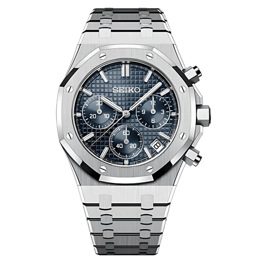 Montre Seiko Mod Royal Oak Chronos Bleu 41mm avec boîtier octogonal, mouvement chronographe VK63 et verre saphir