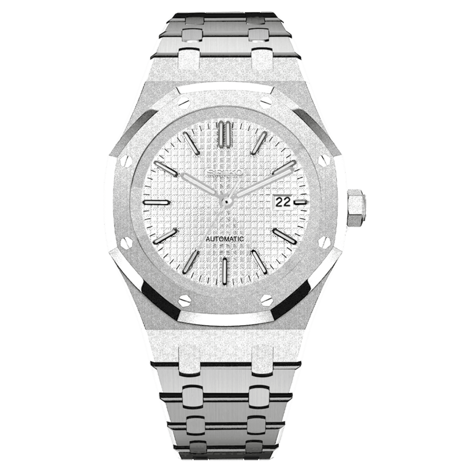 Seiko Mod Royal Oak Frosted Brillante 41mm - Montre automatique personnalisée avec boîtier octogonal en acier inoxydable 316L finition givrée brillante, verre saphir et mouvement Seiko NH35. Fabriquée à la main en France.