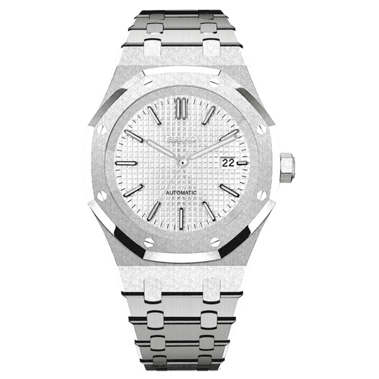 Seiko Mod Royal Oak Frosted Brillante 41mm - Montre automatique personnalisée avec boîtier octogonal en acier inoxydable 316L finition givrée brillante, verre saphir et mouvement Seiko NH35. Fabriquée à la main en France.