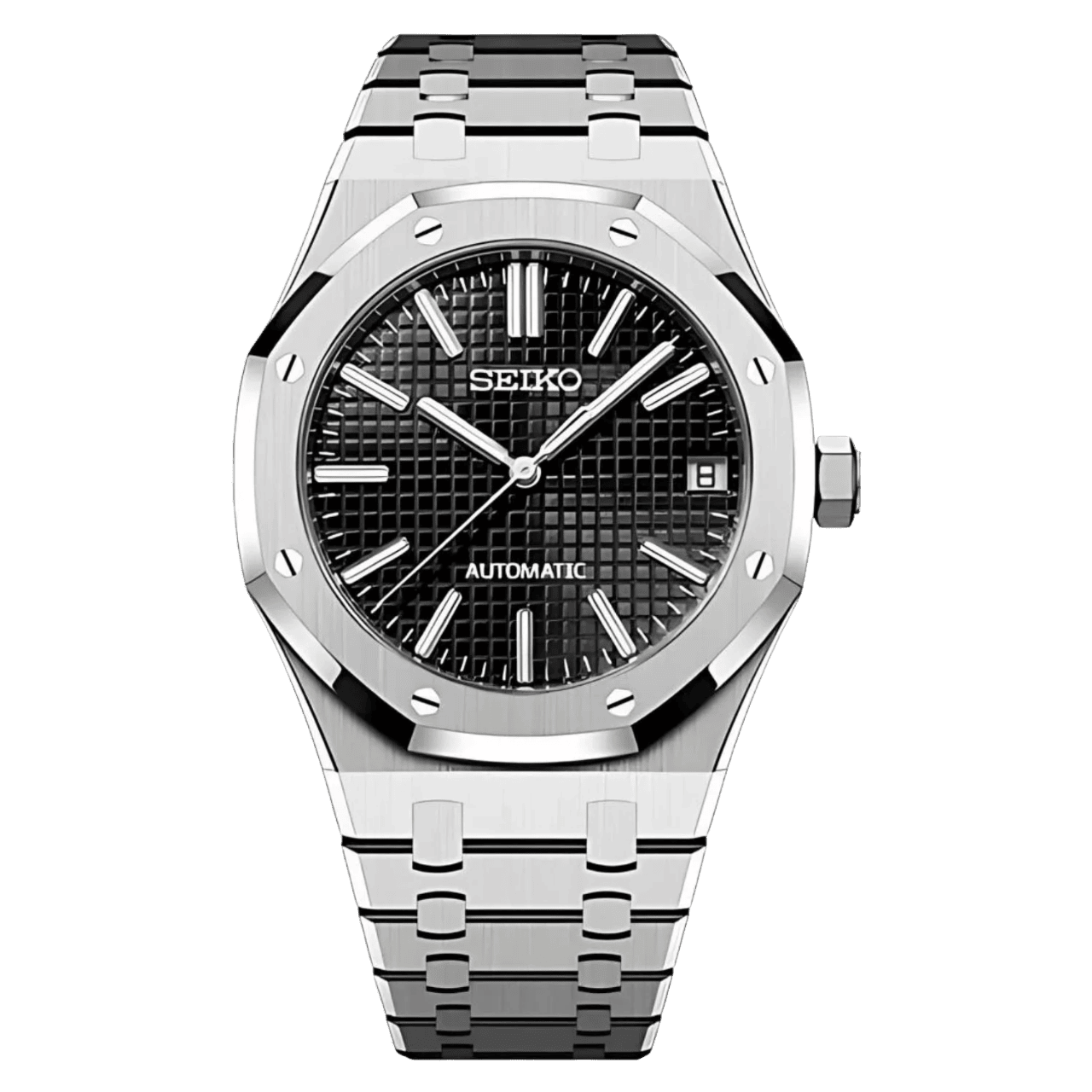 Montre Seiko Mod Royal Oak Noir 41mm avec boîtier octogonal, mouvement automatique NH35 et verre saphir