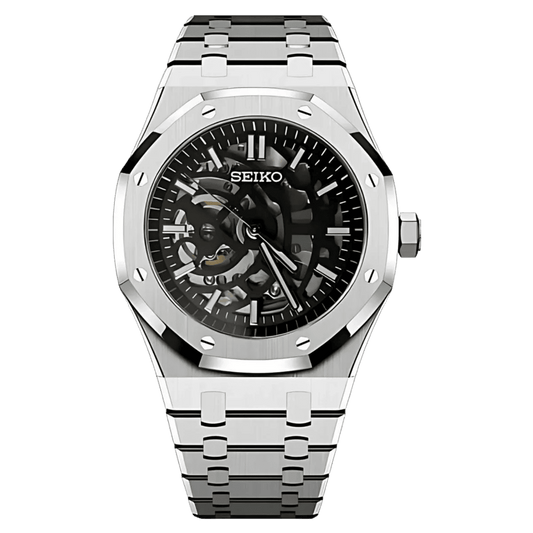 Montre Seiko Mod Royal Oak Squelette Noir 41mm avec boîtier octogonal, mouvement automatique NH70A et verre saphir