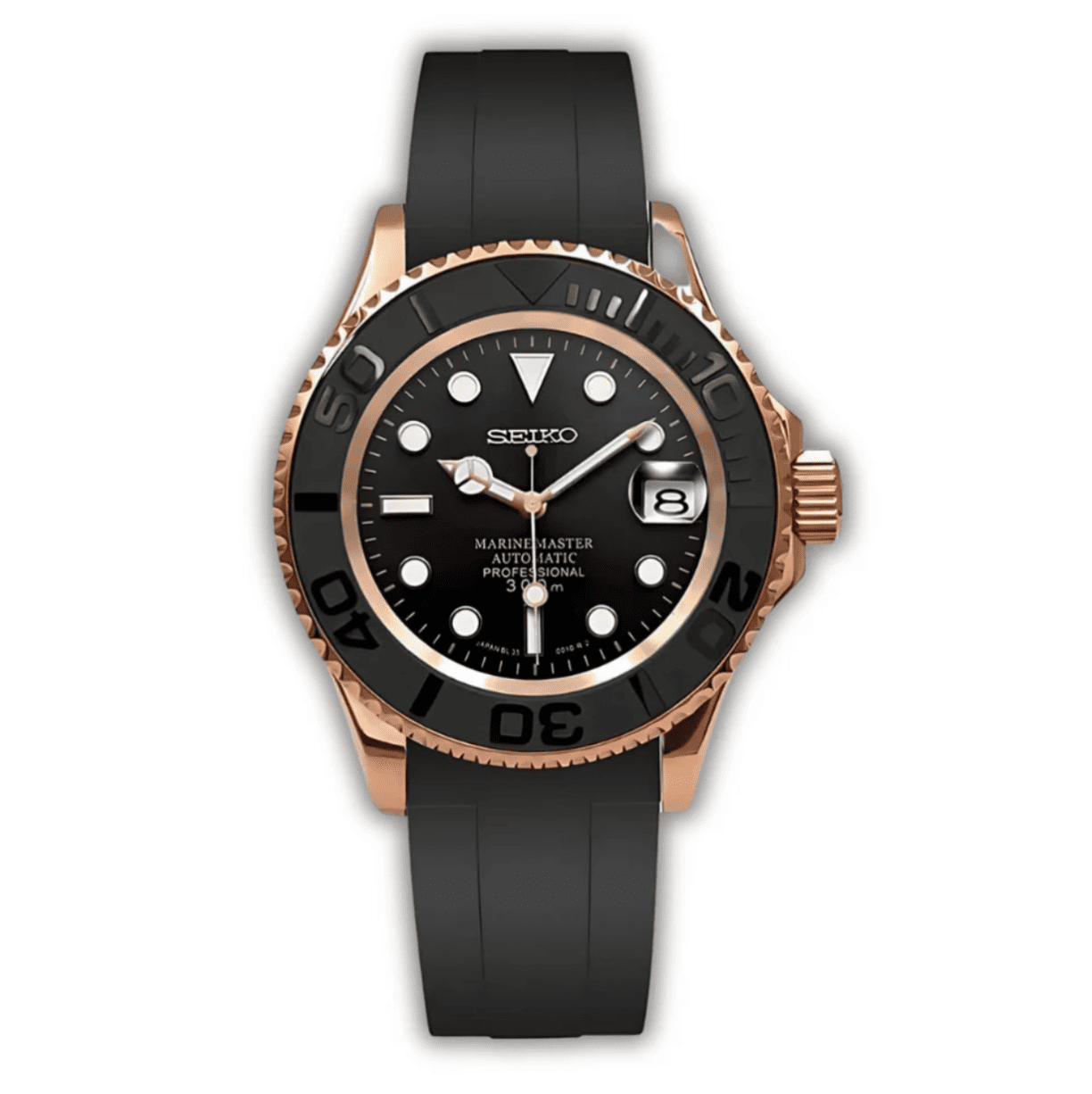 Seiko Mod Yacht Master NH35 Or Rose 40mm - Montre automatique personnalisée en acier inoxydable 316L finition or rose avec lunette céramique noire et verre saphir, fabriquée à la main en France.