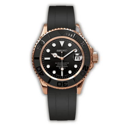 Seiko Mod Yacht Master NH35 Or Rose 40mm - Montre automatique personnalisée en acier inoxydable 316L finition or rose avec lunette céramique noire et verre saphir, fabriquée à la main en France.